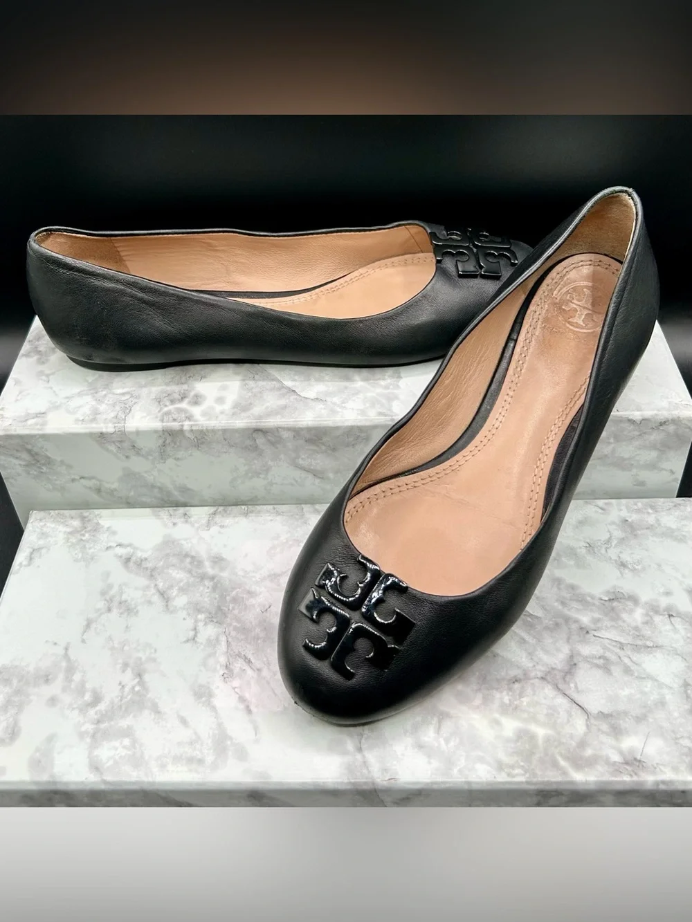 Tory Burch Black Leather Logo Ballet Flats